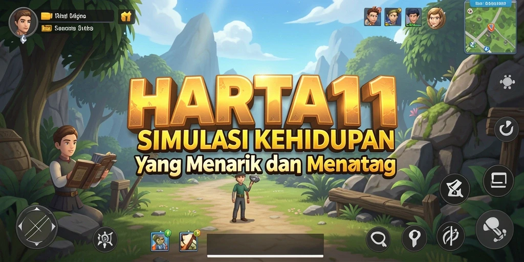 Tampilan gameplay HARTA11 yang penuh warna dan dinamis dalam simulasi kehidupan.