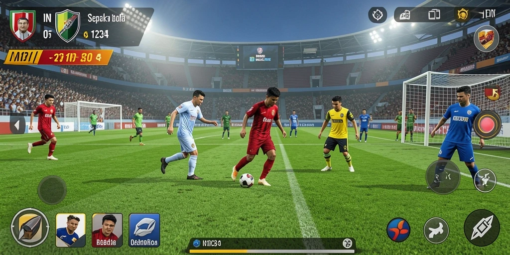 Skrin utama gameplay IN1234 menampilkan aksi sepak bola yang mendebarkan.