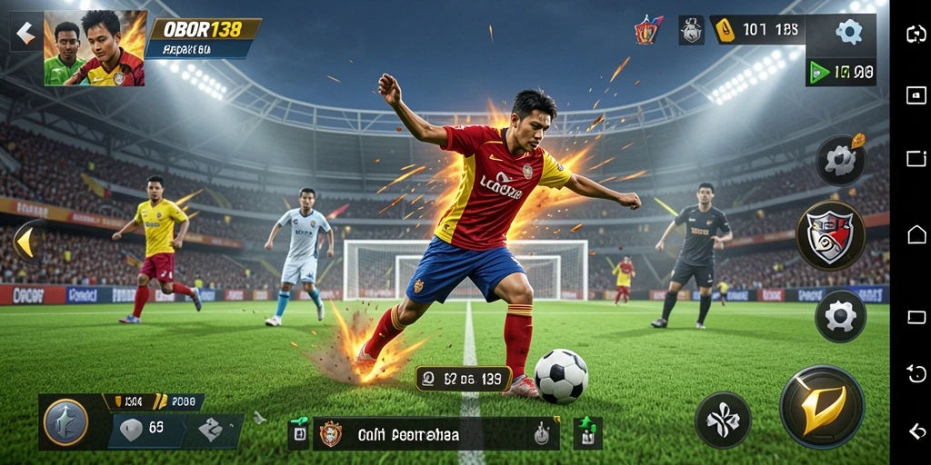 Tampilan gameplay intens dari OBOR138 dengan aksi sepak bola seru.