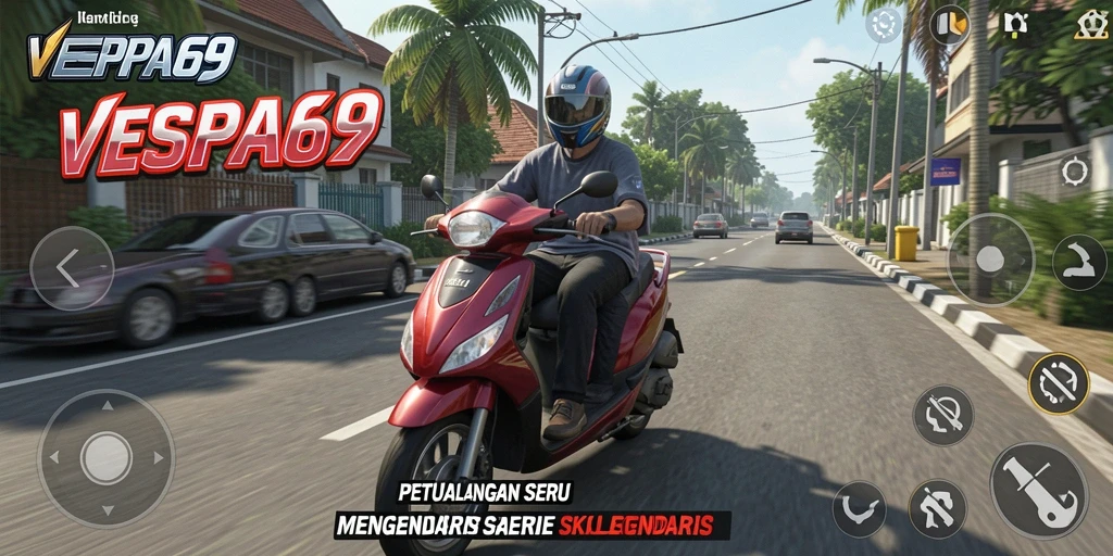 Tampilan gameplay VESPA69 yang memukau saat berkendara di petualangan.